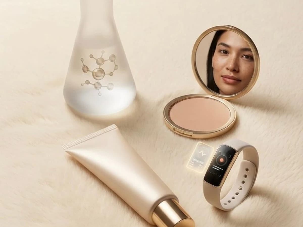 Cover image for the article "The New Beauty Equation": a glass flask with a chemical formula, a compact powder mirror reflecting a woman's face, a cream tube, and a modern fitness band with a digital interface on a light fluffy background.