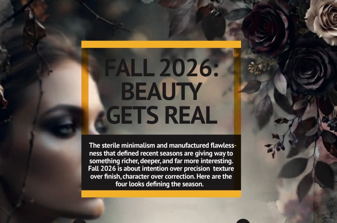 Artistic cover image for an article titled "FALL 2026: BEAUTY GETS REAL". The background features a blurred portrait of a woman on the left and a dark bouquet of deep red and cream roses on the right. A central rectangular text block, framed in yellow, contains the main title and a descriptive paragraph: "The sterile minimalism... Here are the four looks defining the season."